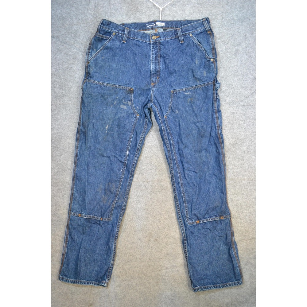 Carhartt Jeans Mens 40x34 Blue Loose Fit Double Front Carpenter Denim Distressed